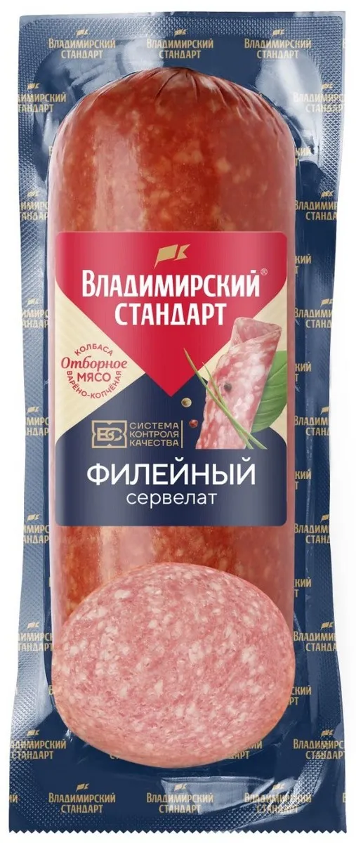 Изображение товара Колбаса Владимирский стандарт Сервелат Филейный варено-копченая 270г