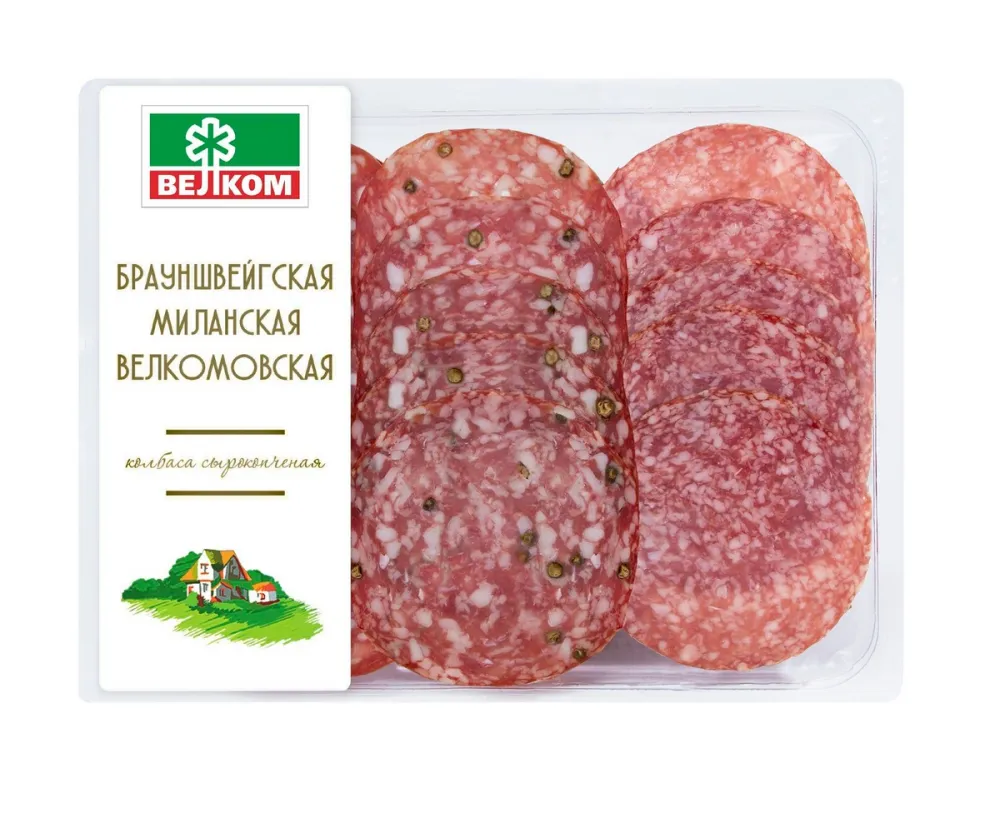 Изображение товара Колбаса Велком Брауншвейгская Велкомовская Миланская сырокопченая нарезка 90г